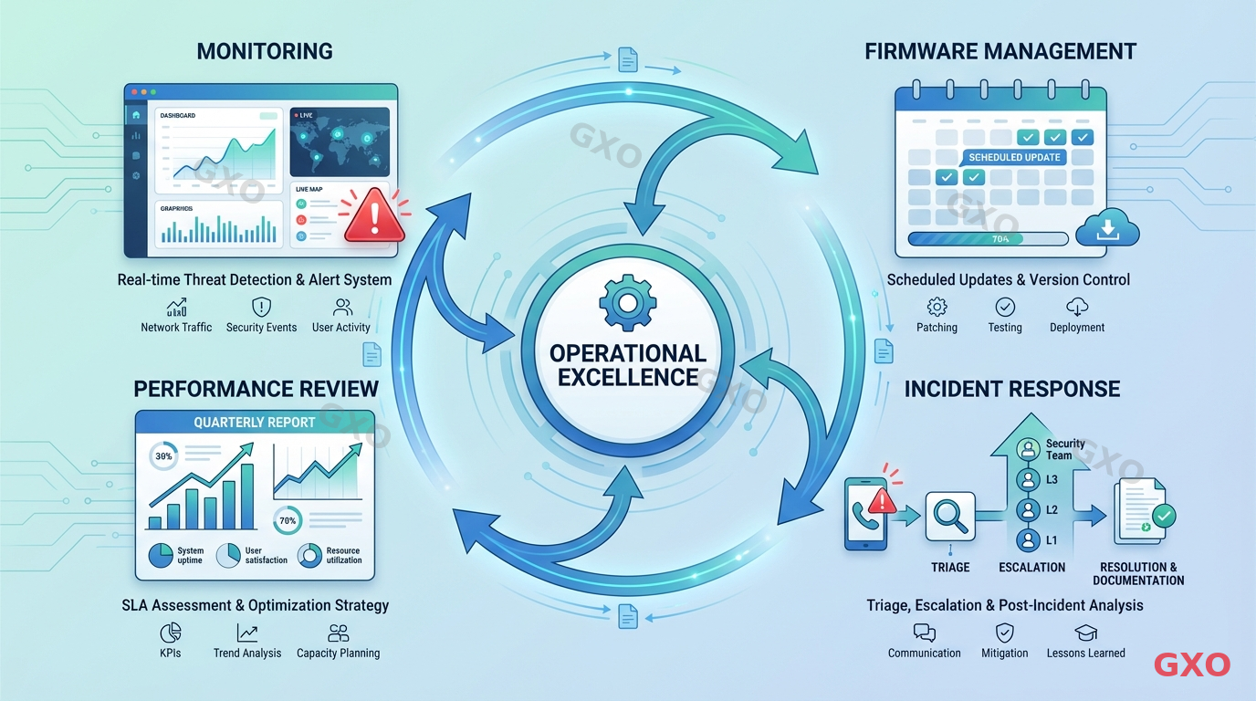VPN運用のベストプラクティス Clean modern illustration showing VPN operations best practices as a workflow cycle. Four connected nodes in a circular flow: 1) Monitoring (dashboard with alerts), 2) Firmware Management (update schedule calendar), 3) Incident Response (escalation flowchart), 4) Performance Review (quarterly report graph). Central hub labeled 'Operational Excellence'. Blue and teal color scheme with smooth connecting arrows, modern corporate illustration style.