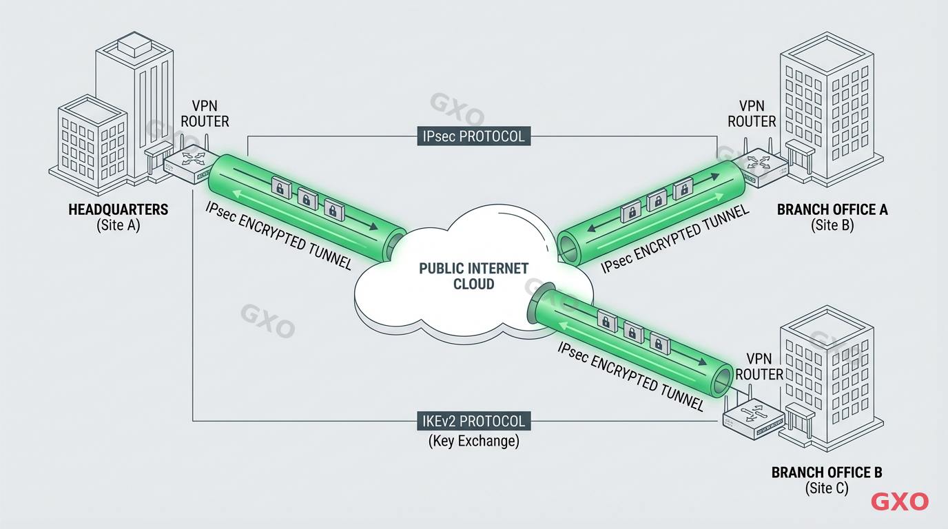 インターネットVPNの仕組み Technical diagram illustrating how Internet VPN works for enterprise multi-site connections. Shows three office buildings connected through the public internet cloud with IPsec encrypted tunnels depicted as secure green pipes. VPN routers at each site entrance, padlock icons on data packets flowing through tunnels. Labels for IPsec, IKEv2 protocols. Clean technical style with light gray background and highlighted green secure paths.