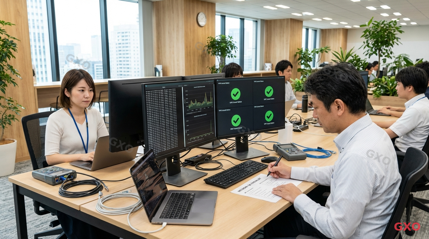 テストと運用開始の流れ Photo-realistic image of an IT team conducting network testing in a modern Japanese office. Two engineers (one male, one female, both in their 30s-40s) looking at dual monitors showing ping test results, bandwidth graphs, and VPN tunnel status dashboards. Green checkmark icons on successful connection tests. A printed checklist on the desk being marked with a pen. Professional office environment with good lighting, conveying thorough quality assurance process.