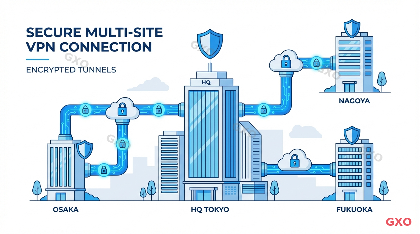 多拠点VPNの基本概念 Clean modern illustration showing the concept of multi-site VPN connection. A central headquarters building in Tokyo connected via encrypted tunnels (depicted as glowing secure pipes) to three regional branch offices in Osaka, Nagoya, and Fukuoka. Icons representing encryption locks on each tunnel, cloud symbols for internet backbone, and shield icons for security. Flat design style with blue and white color scheme, professional corporate look.