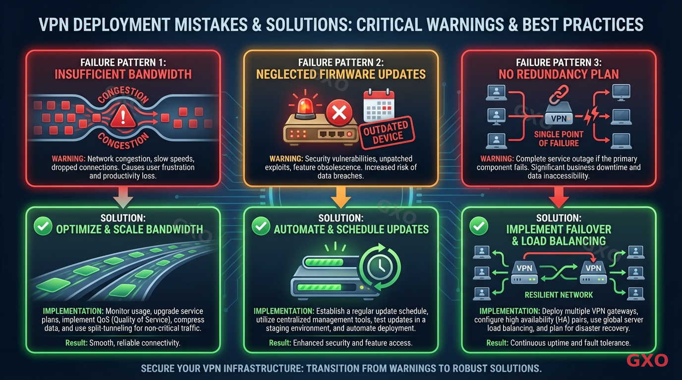 よくある失敗パターンと対策 Professional infographic showing common VPN deployment mistakes and their solutions. Three main failure patterns displayed as warning cards: 1) Insufficient bandwidth (congestion icon), 2) Neglected firmware updates (outdated device icon with red X), 3) No redundancy plan (single point of failure diagram). Each card has a green checkmark solution below it. Alert-style design with red and amber warning colors transitioning to green solutions.