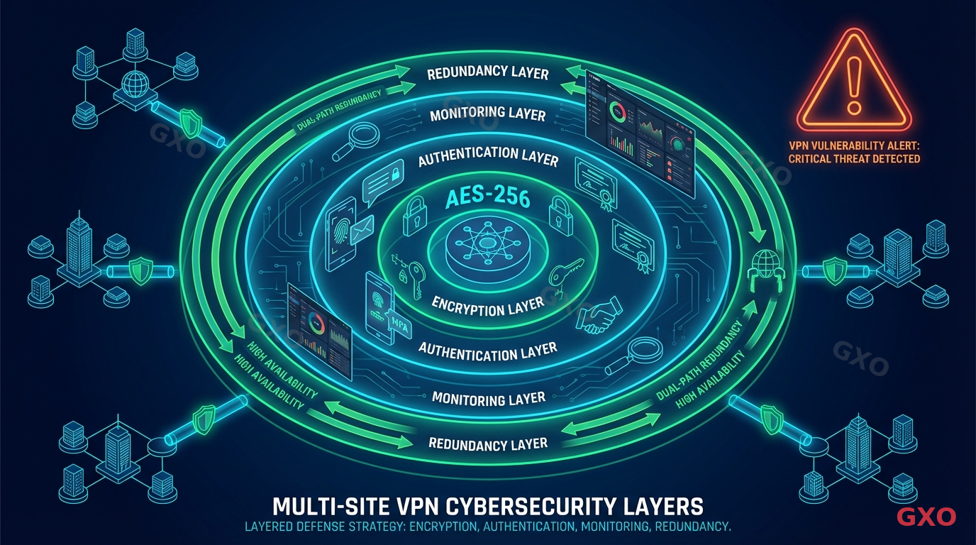 セキュリティと信頼性の確認ポイント Clean modern illustration showing cybersecurity layers protecting a multi-site VPN network. Concentric security rings around a central network core: encryption layer (AES-256 label), authentication layer (MFA icons, certificate icons), monitoring layer (SIEM dashboard), and redundancy layer (dual-path arrows). Warning triangle with VPN vulnerability alert in corner. Professional security-focused illustration with dark blue background and neon green accent lines.