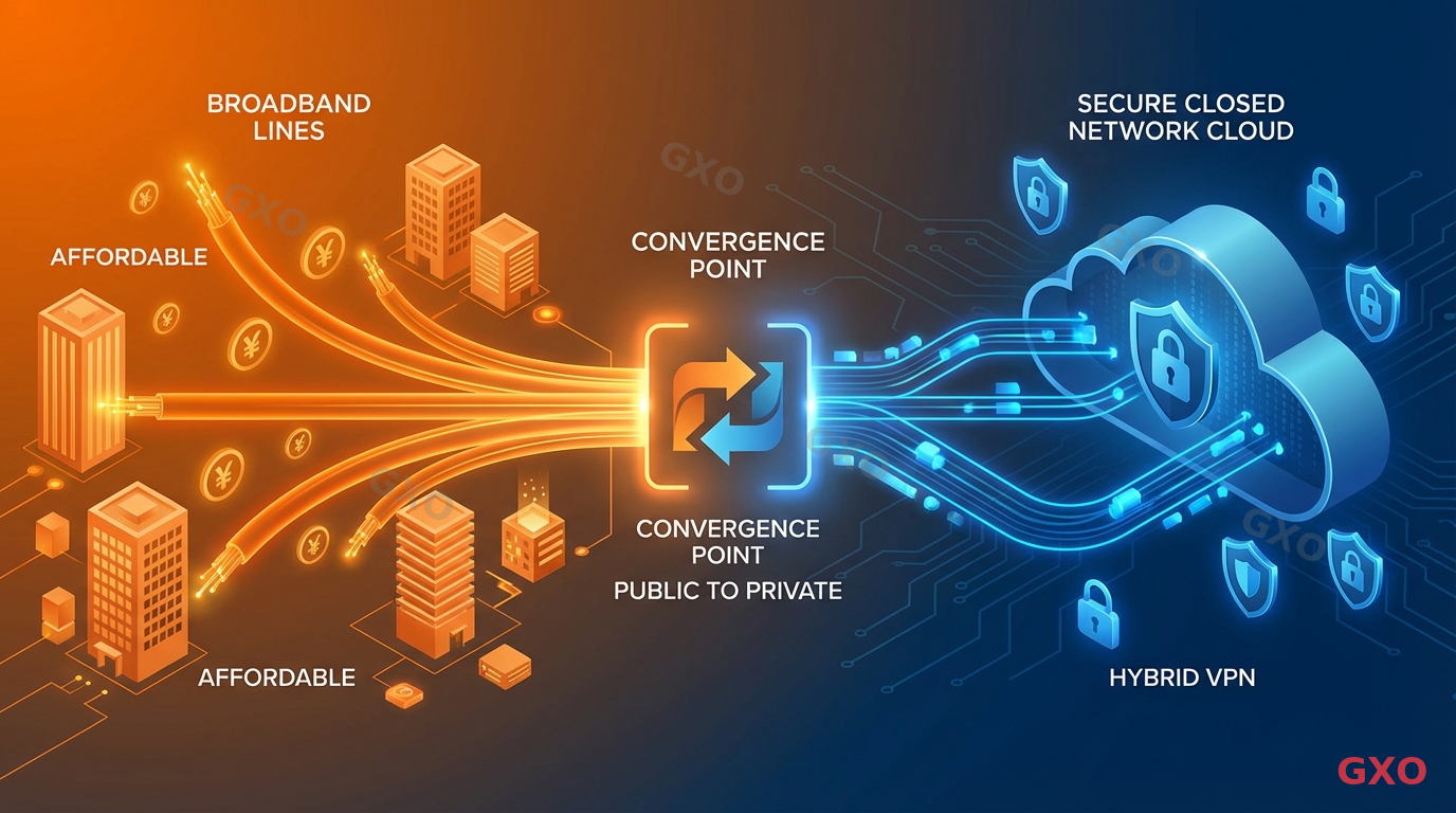 エントリーVPNの仕組み Clean modern illustration showing Entry VPN concept as a hybrid solution. On the left, affordable broadband lines (fiber optic cables) from each office site feeding into a central secure closed network cloud on the right. Cost-saving yen symbols near the broadband side, security shield icons near the closed network side. Middle section shows the convergence point where public broadband transitions to private network. Warm orange and blue dual-tone color scheme.