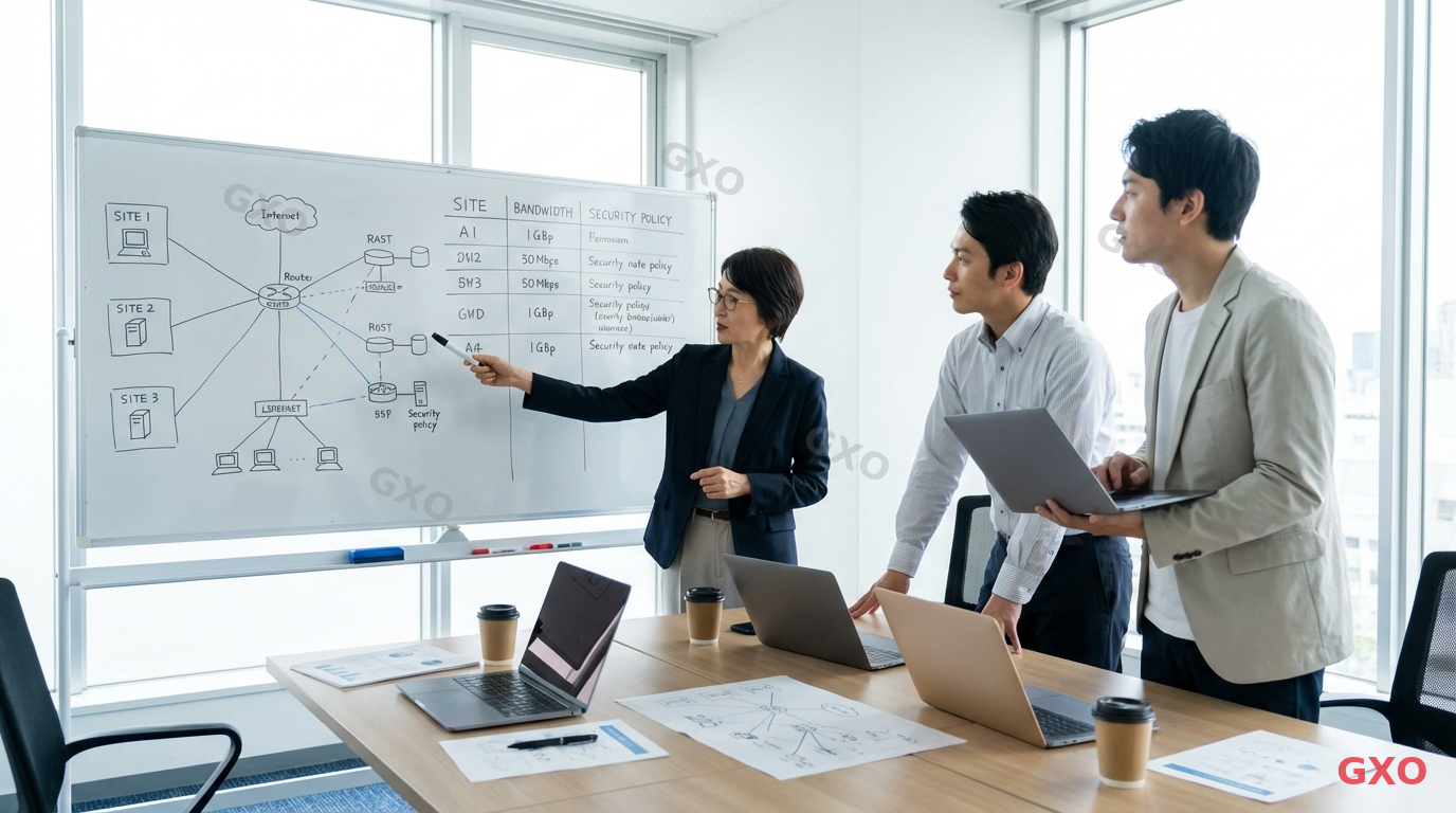 要件定義と設計の進め方 Photo-realistic image of a Japanese IT project team (3 people, mixed gender, ages 35-50) gathered around a large whiteboard in a modern meeting room. The whiteboard displays a network design diagram with site locations, bandwidth requirements, and security policies listed in columns. Team leader (female, wearing smart business attire) pointing at the requirements checklist. Laptops and printed network diagrams on the conference table. Bright natural lighting, focused professional atmosphere.