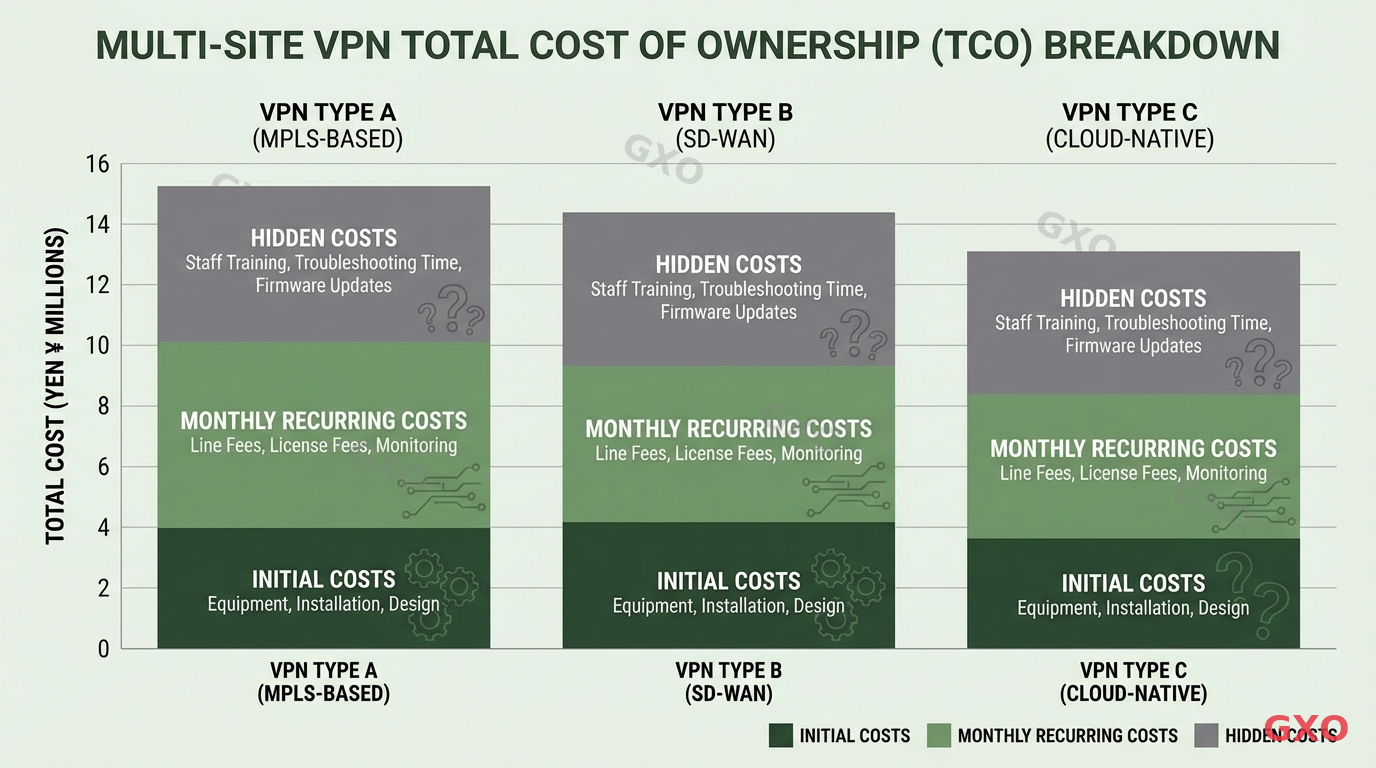VPN導入の費用構造 Professional infographic showing total cost of ownership breakdown for multi-site VPN deployment. Three main cost categories displayed as stacked bar charts: initial costs (equipment, installation, design), monthly recurring costs (line fees, license fees, monitoring), and hidden costs (staff training, troubleshooting time, firmware updates). Comparison across VPN types with yen-denominated scale. Clean financial infographic style with green and gray tones.
