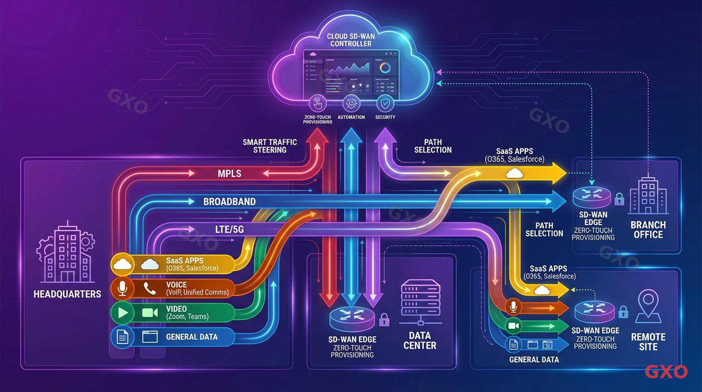 SD-WANのアーキテクチャ Technical diagram illustrating SD-WAN architecture for multi-site enterprise network. Central cloud-based controller dashboard at the top managing multiple WAN connections (MPLS, broadband, LTE/5G) shown as parallel paths between sites. Application-aware routing depicted with different colored lanes for SaaS apps, voice, video, and general data. Smart traffic steering arrows, zero-touch provisioning icons at branch sites. Modern tech diagram style with purple and blue gradient.