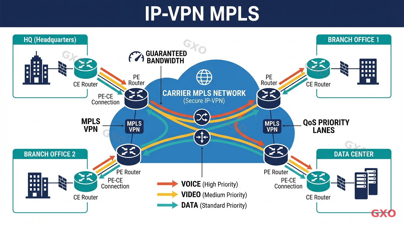 IP-VPN(MPLS)のネットワーク構成 Technical diagram showing IP-VPN MPLS network architecture for enterprise use. A closed carrier network (depicted as a secure blue cloud with MPLS labels) connecting multiple corporate sites via PE (Provider Edge) and CE (Customer Edge) routers. Bandwidth guarantee indicators, QoS priority lanes shown as different colored paths for voice, video, and data traffic. Professional network diagram style with navy and teal color scheme.