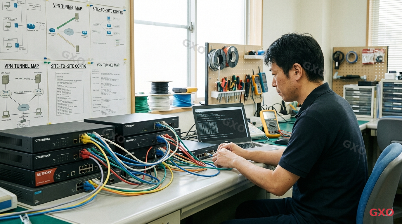 VPN機器の選定と初期設定 Photo-realistic image of enterprise networking equipment on a clean workbench. Multiple VPN routers and firewalls (generic black enterprise-grade devices) lined up with ethernet cables being connected. An IT engineer (male, Japanese, early 40s, wearing polo shirt) configuring a device via laptop terminal showing CLI configuration. Equipment labels and network diagrams pinned to the wall behind. Well-lit technical workspace with organized tools.
