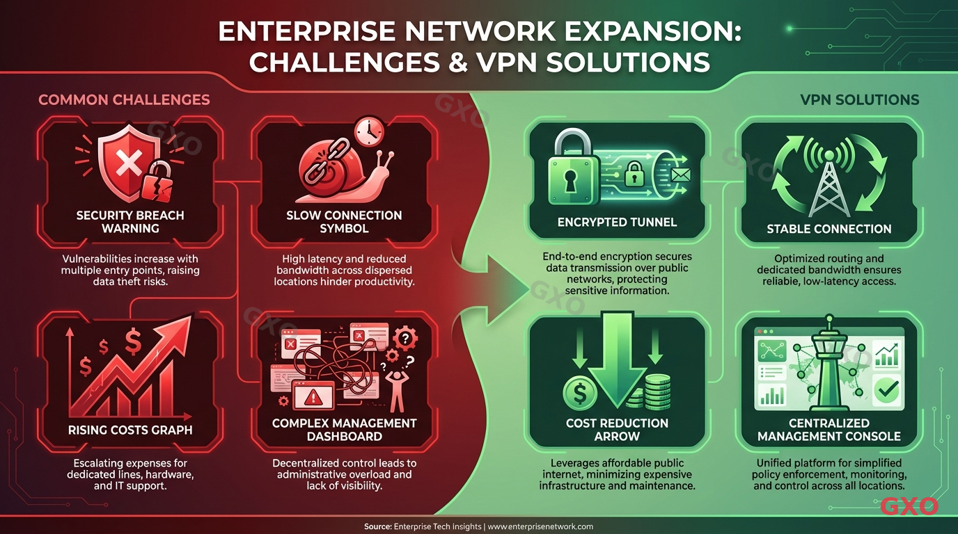 企業ネットワークの課題と解決策 Professional infographic displaying common enterprise network challenges when expanding to multiple office locations. Left side shows problem icons: security breach warning, slow connection symbol, rising costs graph, complex management dashboard. Right side shows VPN solutions: encrypted tunnel, stable connection, cost reduction arrow, centralized management console. Split layout with red-to-green color transition, modern corporate infographic style.