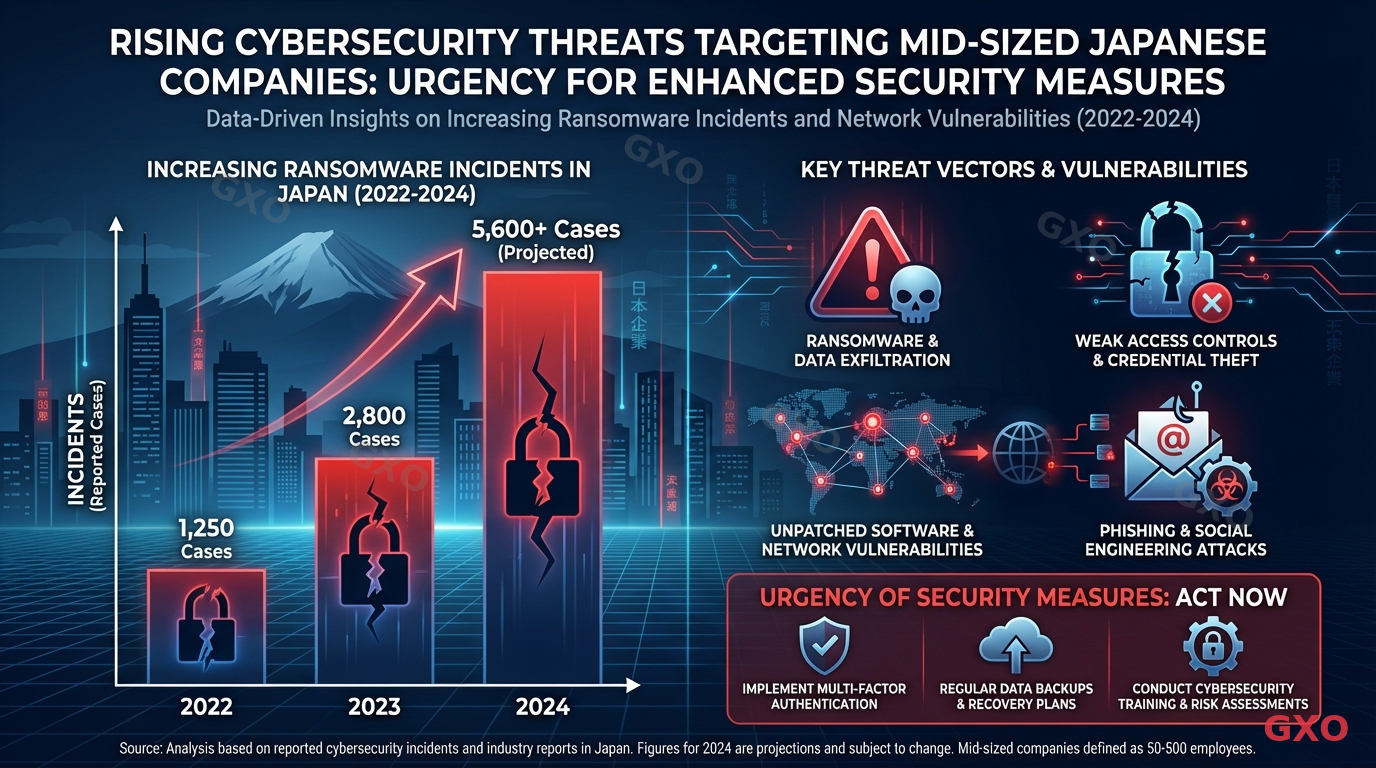 Professional infographic displaying rising cybersecurity threats targeting mid-sized Japanese companies. Bar chart showing increasing ransomware incidents from 2022 to 2024 in Japan. Warning icons, lock symbols, and network vulnerability illustrations. Red and dark blue color scheme with Japanese corporate office silhouette in background. Data visualization style emphasizing urgency of security measures.