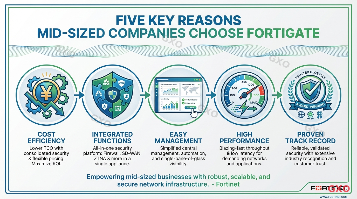 Professional infographic showing five key reasons mid-sized companies choose FortiGate. Five circular icons arranged horizontally: cost efficiency (yen symbol), integrated functions (puzzle pieces), easy management (dashboard screen), high performance (speedometer), proven track record (checkmark badge). Clean white background with Fortinet brand green accents and corporate blue highlights.