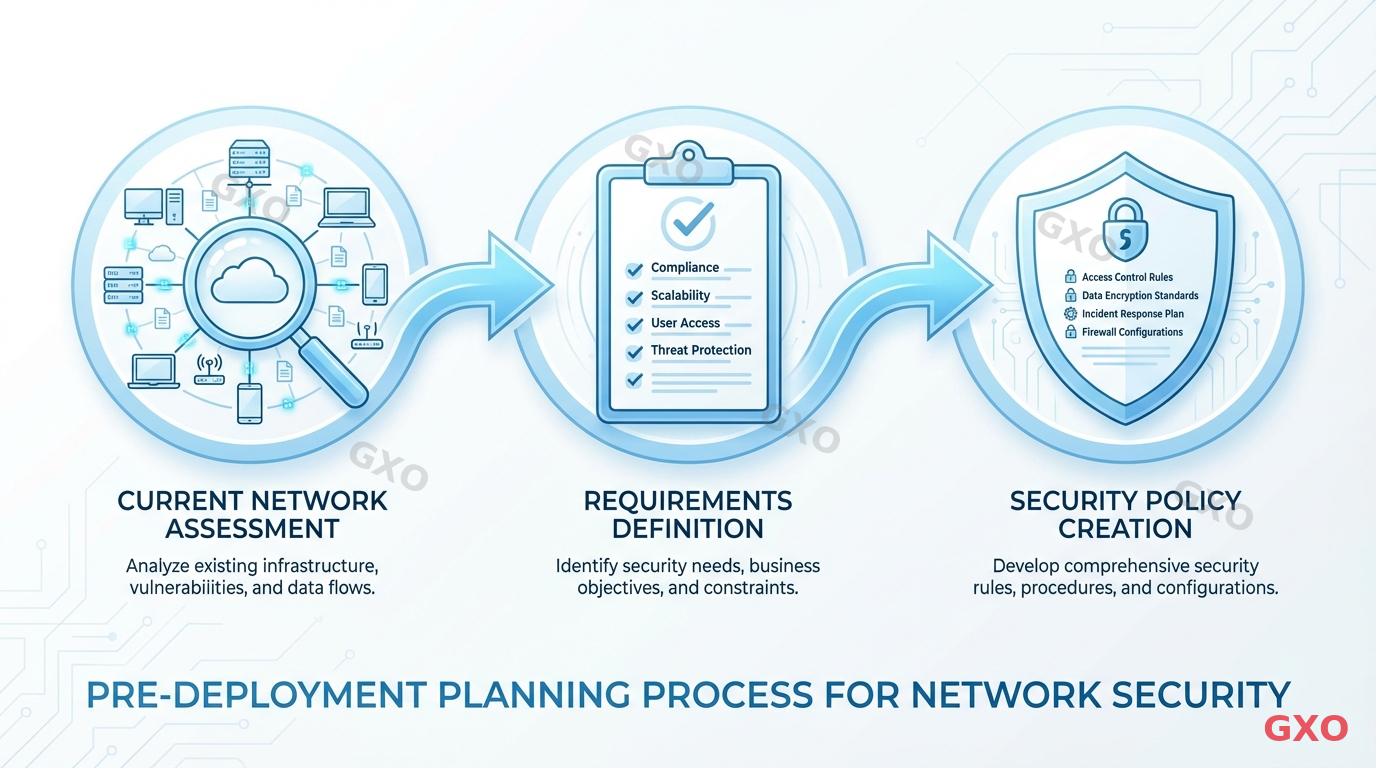 Clean modern illustration showing pre-deployment planning process for network security. Flowchart with three stages: current network assessment (magnifying glass over network diagram), requirements definition (checklist document), and security policy creation (shield with rules). Arrows connecting stages left to right. Light blue and white color scheme, professional business illustration style.