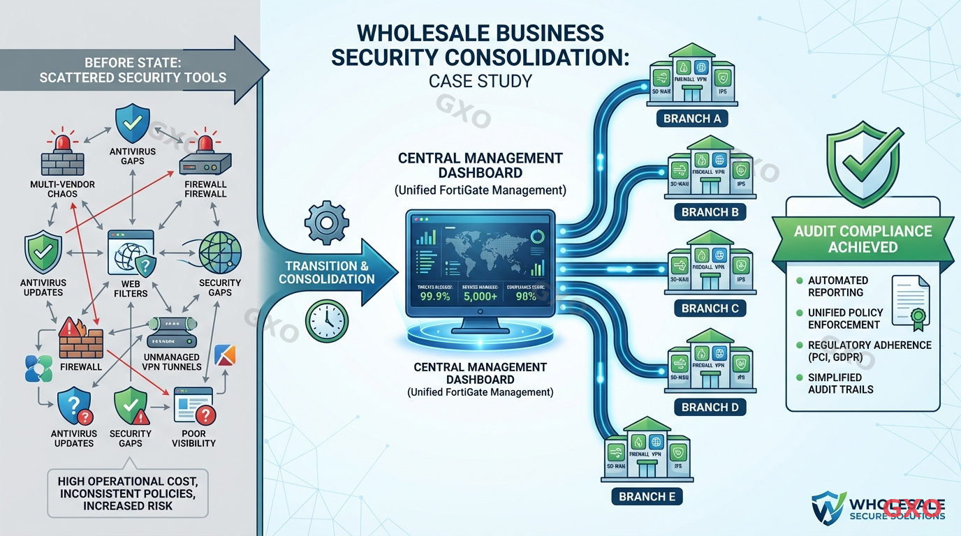 Clean modern illustration showing wholesale business security consolidation case study. Central management dashboard connected to five branch office icons. Before state showing scattered security tools, after state showing unified FortiGate management. Audit compliance checkmark element. Professional blue and green corporate color scheme with clean lines.