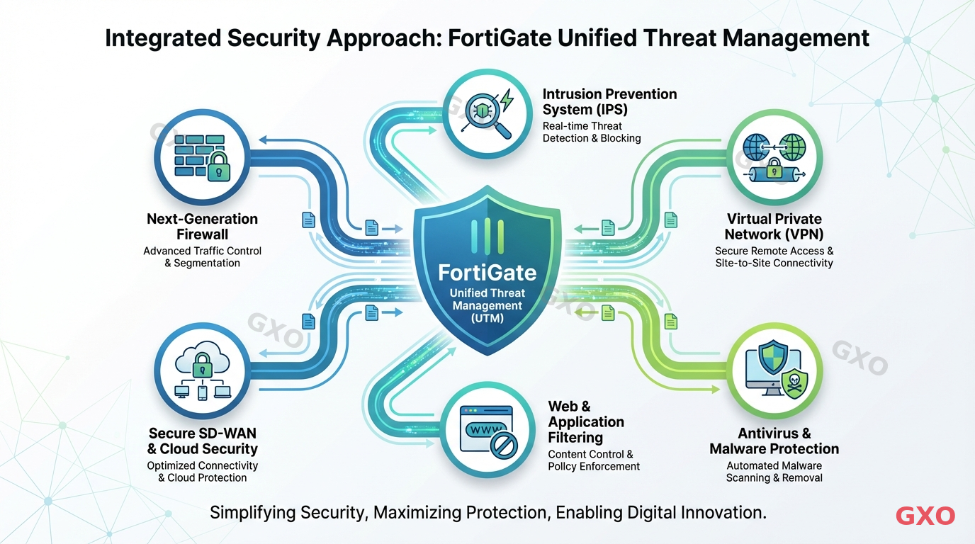 Clean modern illustration showing the concept of Unified Threat Management (UTM) with FortiGate at the center. Multiple security functions (firewall, IPS, VPN, antivirus, web filtering) connected by flowing lines radiating from a central shield icon. Corporate blue and green color palette on white background. Professional infographic style highlighting integrated security approach.