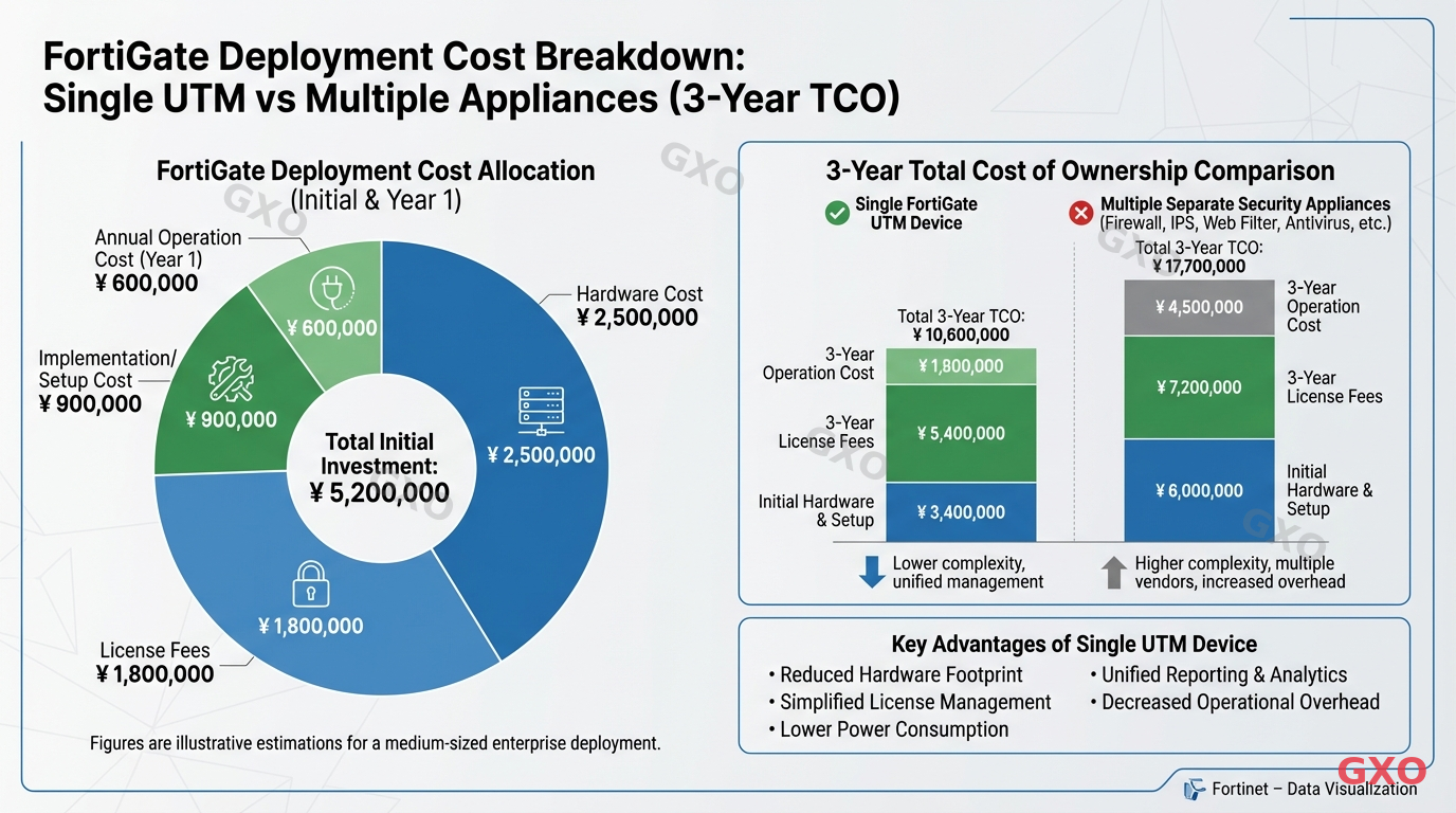 Professional infographic showing FortiGate deployment cost breakdown. Pie chart with four segments: hardware cost, license fees, implementation/setup cost, and annual operation cost. Adjacent comparison showing single UTM device vs multiple separate security appliances total cost over 3 years. Clean data visualization with yen currency symbols, corporate blue and green palette.