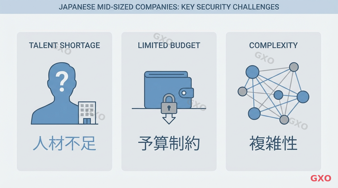 Clean modern illustration depicting three main security challenges for mid-sized Japanese companies. Three distinct sections: (1) a person icon with question mark representing talent shortage, (2) a wallet/budget icon with constraint symbol representing limited budget, (3) interconnected network nodes showing complexity. Soft corporate blue and gray tones, minimalist flat design style.