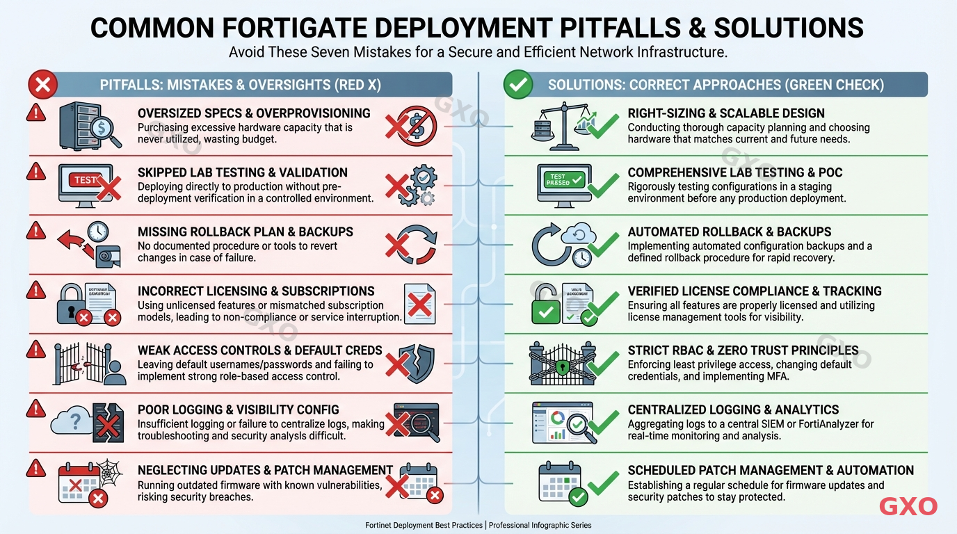 Professional infographic showing seven common FortiGate deployment pitfalls and their solutions. Two-column layout with red X marks for mistakes and green checkmarks for correct approaches. Icons for each pitfall: oversized specs, skipped testing, missing rollback plan, etc. Warning triangle accents, clean corporate design with red and green contrast elements.
