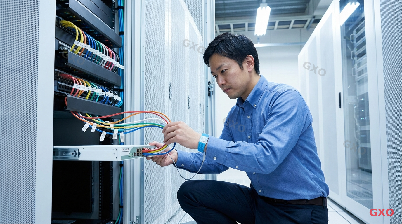 Photo-realistic image of a Japanese IT engineer in his 30s performing rack mounting of a FortiGate appliance in a clean server room. Engineer wearing anti-static wristband, connecting Ethernet cables with proper cable management. Server rack with organized cabling, label tags visible on cables. Bright overhead lighting, professional data center environment.