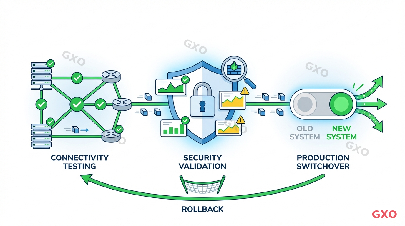 Clean modern illustration showing testing and production cutover process. Three-step flow: connectivity testing (check marks on network nodes), security validation (shield with test results), and production switchover (switch toggle from old to new system). Rollback arrow shown as safety net below. Green for success indicators, yellow for caution areas.