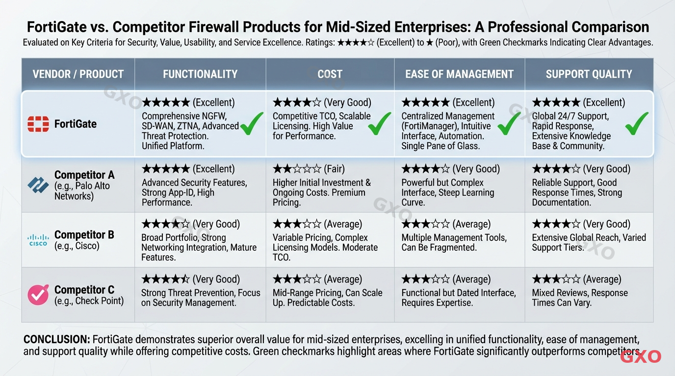 Professional comparison table infographic showing FortiGate vs competitor firewall products for mid-sized enterprises. Four columns comparing key criteria: functionality, cost, ease of management, and support quality. Rows for different vendors with rating indicators. Clean corporate design with neutral colors, green checkmarks for strengths.