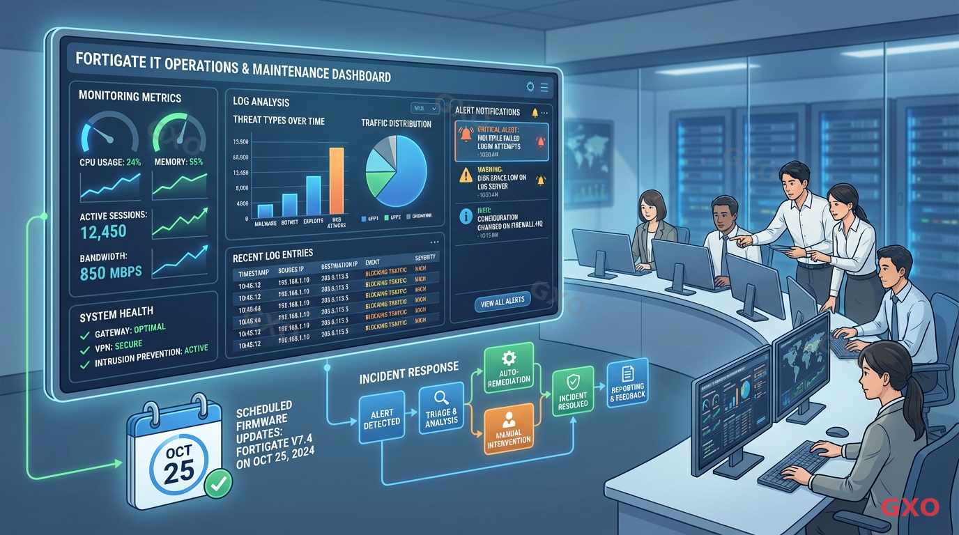 Clean modern illustration of IT operations and maintenance workflow for FortiGate. Dashboard screen showing monitoring metrics, log analysis graphs, and alert notifications. Calendar icon representing scheduled firmware updates. Incident response flowchart element. Japanese IT team monitoring screens in background. Blue and green professional color scheme.