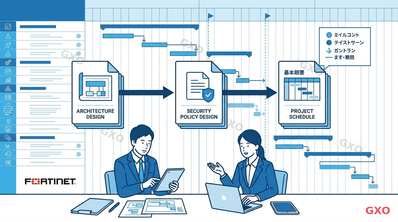 Clean modern illustration of the design and planning phase for FortiGate deployment. Three connected document icons representing architecture design, security policy design, and project schedule. Gantt chart element in background. Japanese business team (2 people) reviewing documents at desk. Professional blue and white color scheme with timeline elements.