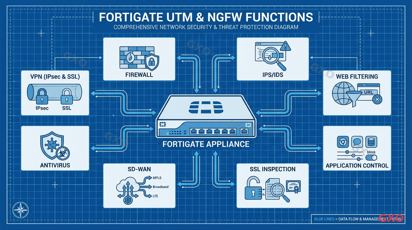 Technical diagram illustrating FortiGate's major UTM and NGFW functions. Central FortiGate appliance icon surrounded by function modules: Firewall, IPS/IDS, VPN (IPsec and SSL), Antivirus, Web Filtering, Application Control, SD-WAN, SSL Inspection. Each module shown as a connected block with descriptive icon. Clean technical blueprint style with blue grid background.