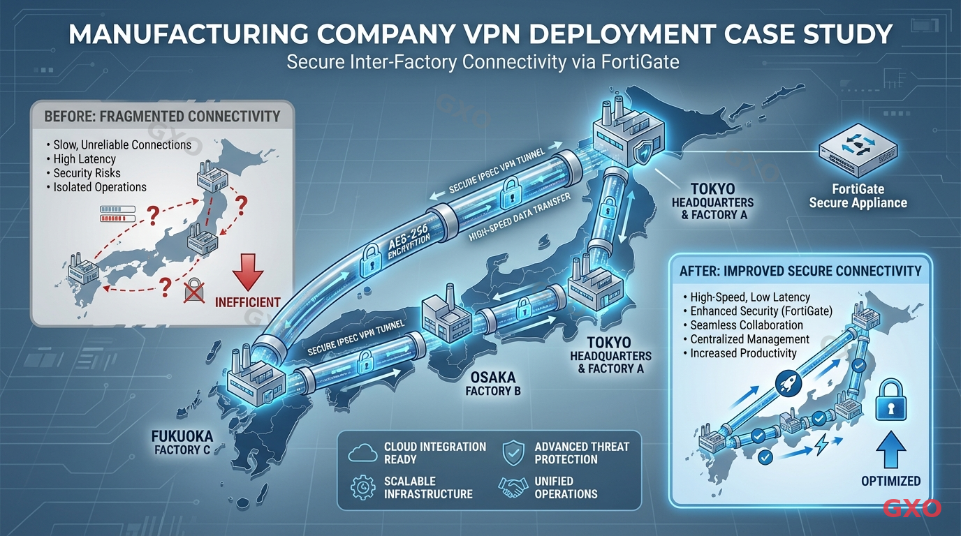 Clean modern illustration showing a manufacturing company VPN deployment case study. Map of Japan with three factory locations connected by secure VPN tunnels through FortiGate devices. Factory building icons at each location, encrypted tunnel visualization between sites. Before/after comparison element showing improved connectivity. Blue and industrial gray color scheme.