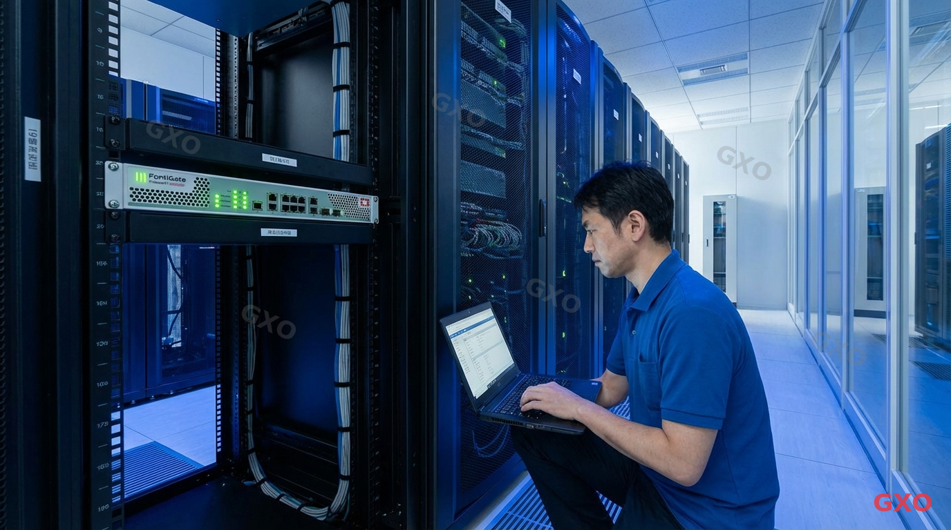 Photo-realistic image of a modern Japanese office server room with a FortiGate firewall appliance mounted in a 19-inch rack. A Japanese male IT engineer in his 40s wearing a blue polo shirt is configuring the device on a laptop. Clean cable management, LED status lights glowing green, cool blue ambient lighting. Professional and secure atmosphere highlighting enterprise network security infrastructure.