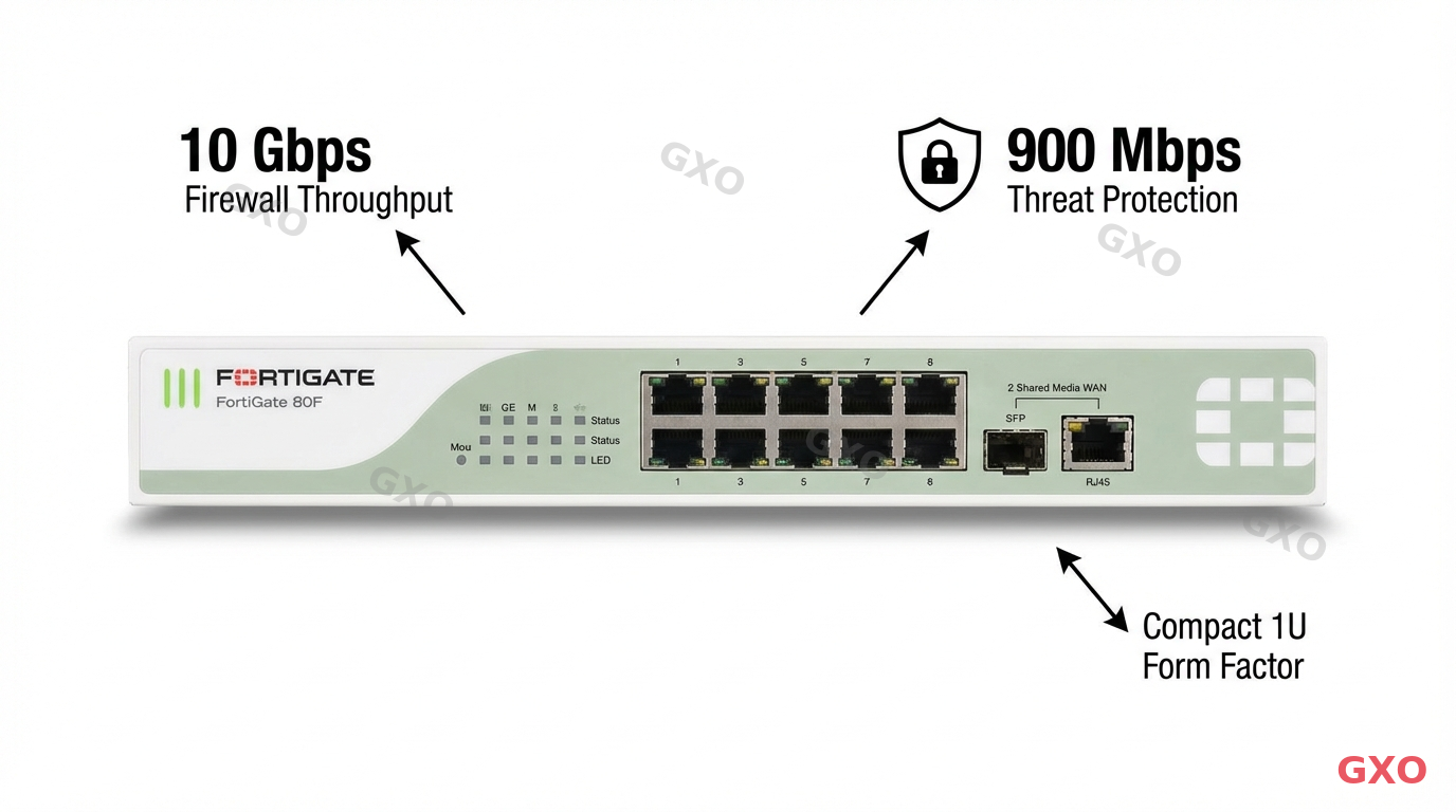 Detailed product photograph style illustration of FortiGate 80F appliance showing front panel with 8 GE RJ45 ports and 2 shared media WAN ports. Spec callouts pointing to key features: 10 Gbps firewall throughput, 900 Mbps threat protection, compact 1U form factor. Clean white studio background with subtle shadow, professional product photography style.