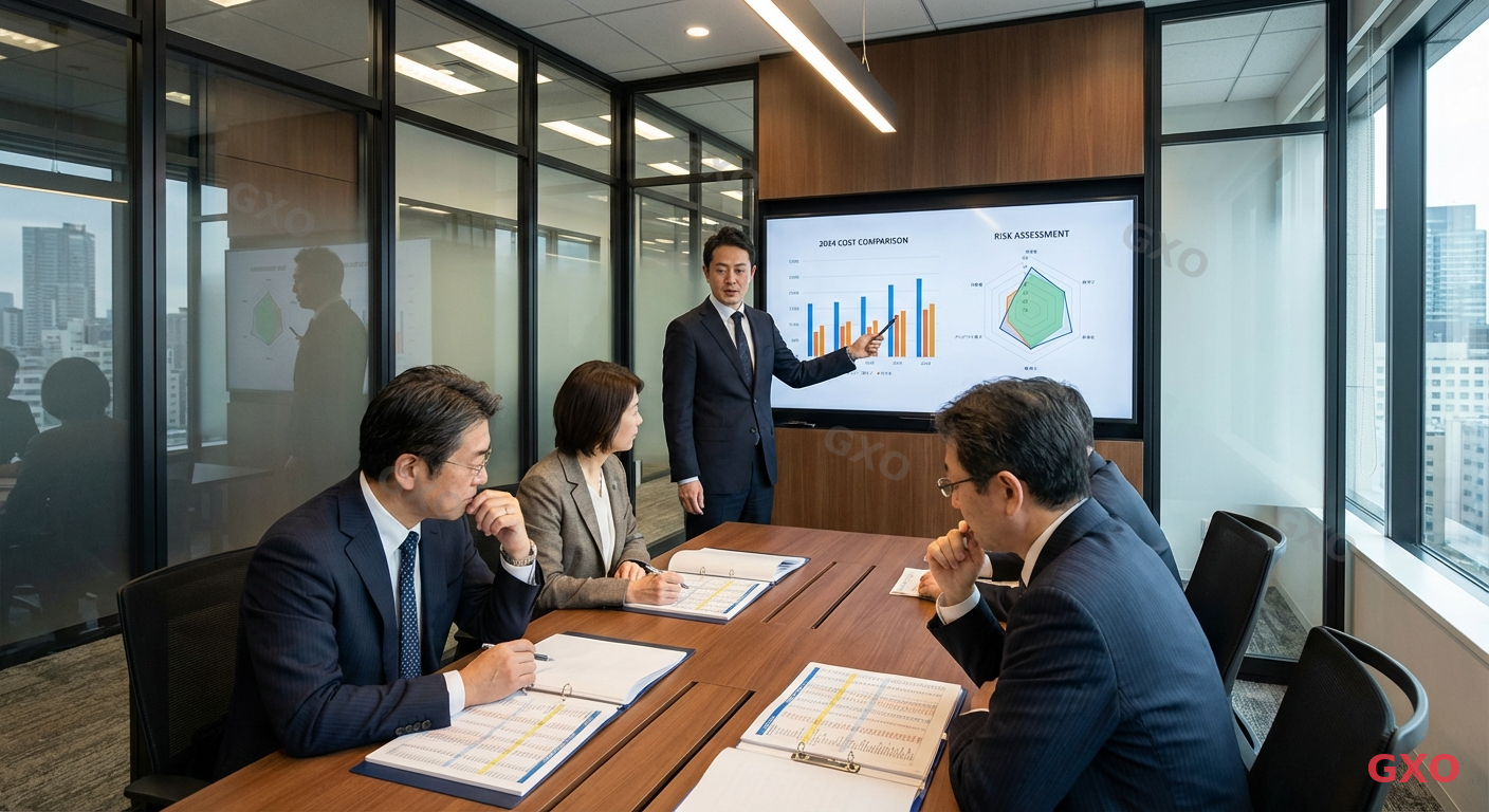 Photo-realistic image of a Japanese business meeting scene. A Japanese IT manager (male, late 40s, wearing a dark suit) presenting to three executives at a conference table. The presenter is pointing at a large monitor showing cost comparison graphs and risk assessment charts. Documents with budget figures are spread on the table. The executives (mixed gender, ages 50-60) are attentively reviewing the materials. Modern Japanese office meeting room with warm lighting, glass partition walls. Professional and persuasive atmosphere.