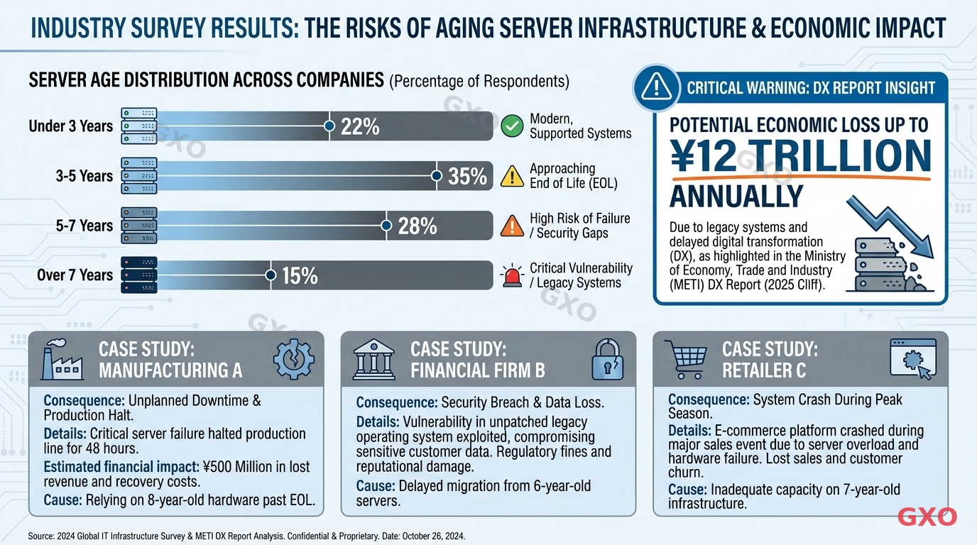 Professional infographic showing industry survey results about aging servers. A horizontal bar chart displays percentages of companies by server age brackets (under 3 years, 3-5 years, 5-7 years, over 7 years). A callout box highlights the DX Report statistic about 12 trillion yen potential loss. Case study boxes show anonymized examples of companies that delayed renewal and faced consequences. Corporate research report style with data-driven visuals in blue and gray tones.