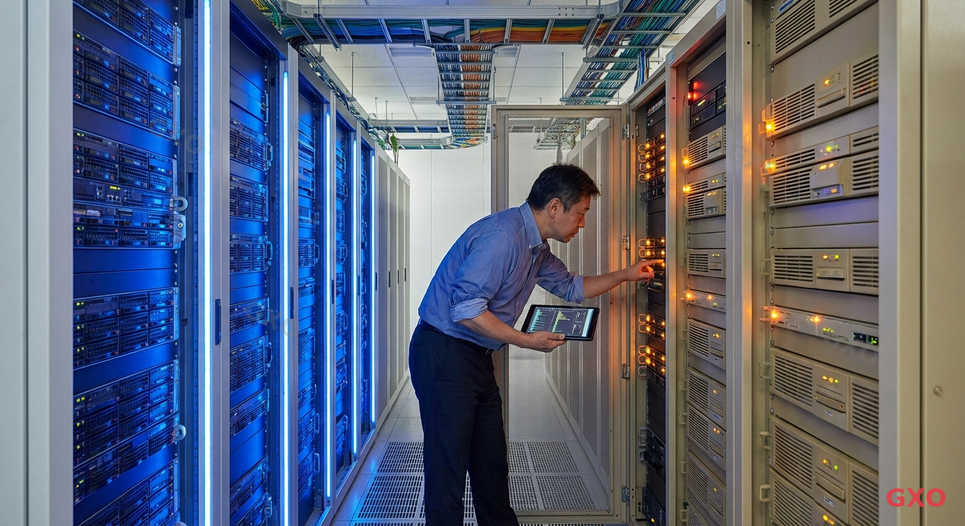 Photo-realistic image of a modern Japanese server room with rows of rack-mounted servers, some with amber warning lights indicating aging hardware. A Japanese IT manager (male, early 40s, wearing business casual with rolled-up sleeves) is inspecting a server rack with a tablet in hand, checking system status. Cool blue LED lighting from newer racks contrasts with warm amber tones from older equipment. Clean, organized cable management visible. Professional data center atmosphere highlighting the contrast between old and new infrastructure.