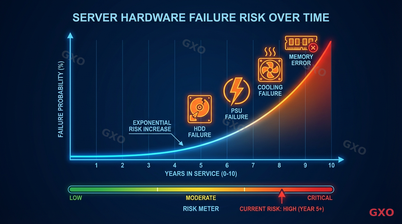 Technical diagram illustrating server hardware failure risk over time. A line graph shows failure probability increasing exponentially after year 4-5, with icons for common failure points: HDD (disk icon with crack), power supply unit (lightning bolt), cooling fan (spinning icon with heat waves), and memory (RAM stick with error mark). Below the graph, a risk meter gauge moves from green to red. Professional technical documentation style with dark background and bright data visualization colors.