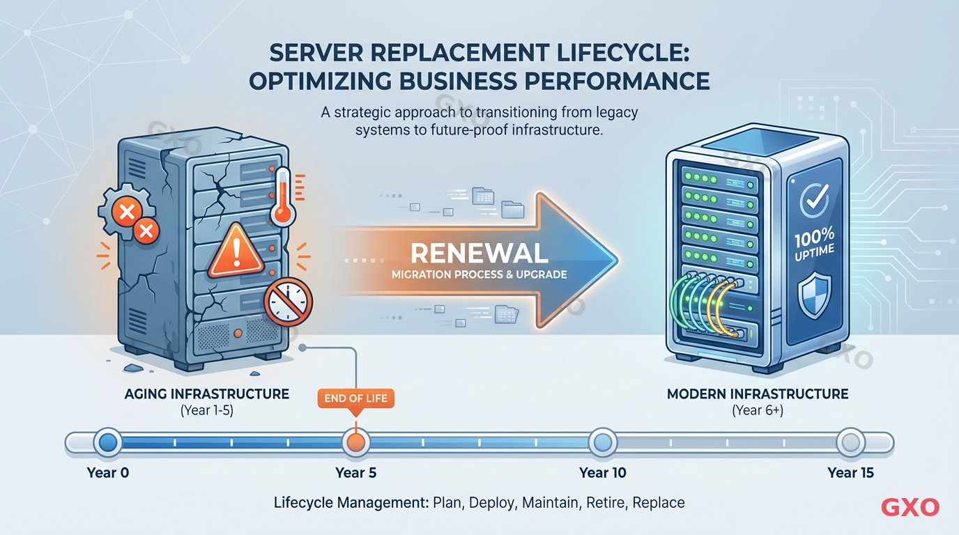 Clean modern illustration showing the concept of server replacement lifecycle. Left side depicts an aging server with warning icons and cracks, center shows an arrow labeled 'renewal', right side shows a modern sleek server with green status lights. Below the servers, a timeline bar shows 5-year intervals. Soft blue and gray color palette with accent orange for warning elements. Business-friendly infographic style highlighting the progression from old to new infrastructure.