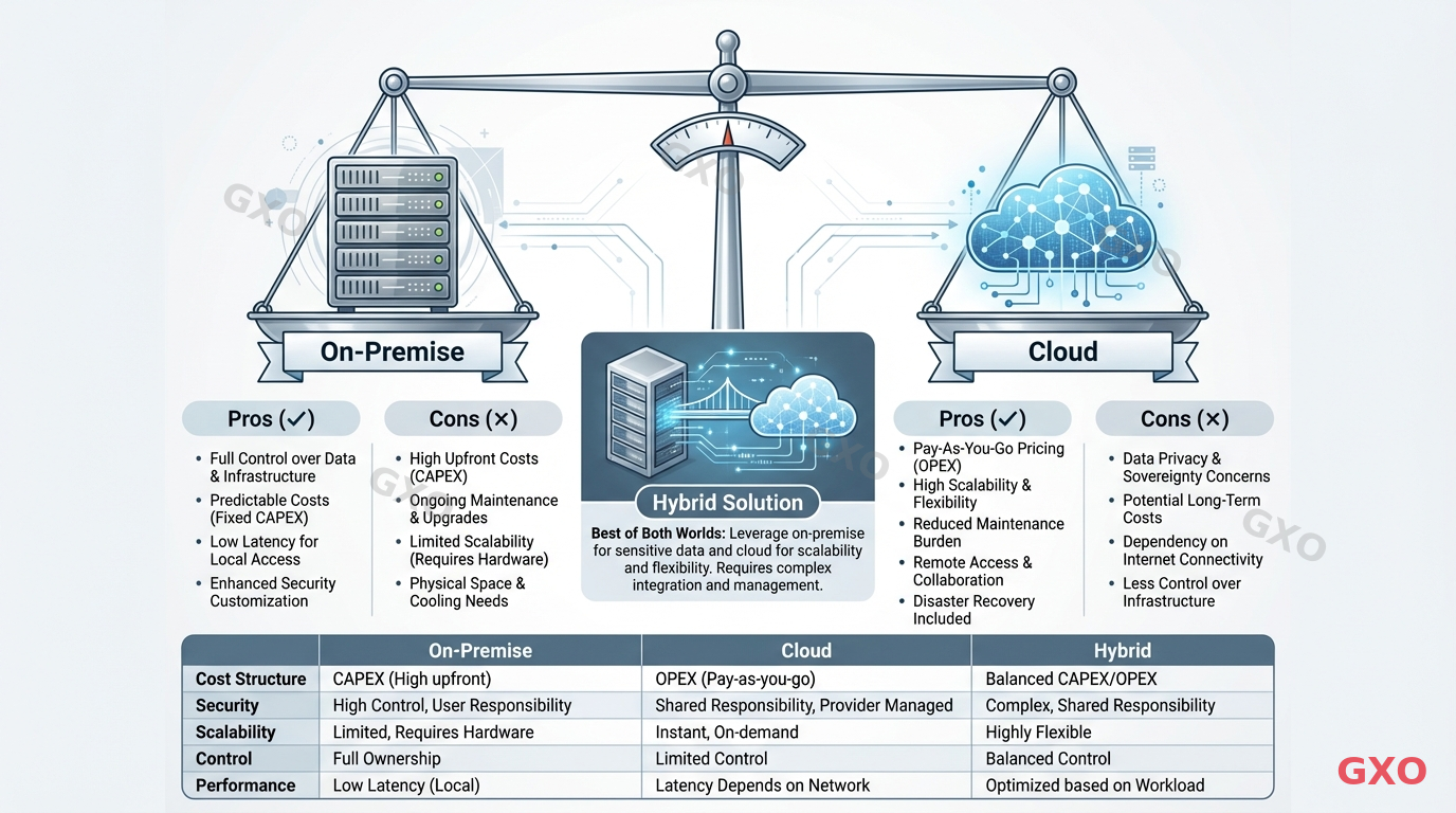 Professional infographic with a balanced scale comparison. Left pan holds an on-premise server rack icon labeled 'On-Premise', right pan holds a cloud icon labeled 'Cloud'. Below each pan, pros and cons are listed with checkmark and cross icons. Center shows a hybrid option with both icons connected. Clean split layout with blue tones for cloud side and gray tones for on-premise side. Data comparison table visible at the bottom. Corporate decision-making visual style with clear typography.