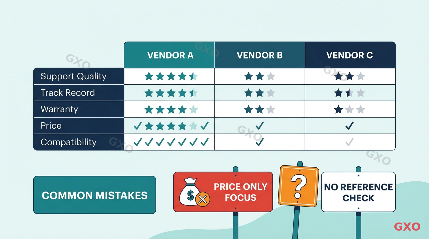 Clean modern illustration showing a vendor evaluation matrix. A large comparison table with columns for different vendors (A, B, C) and rows for evaluation criteria (support quality, track record, warranty, price, compatibility). Star ratings and checkmarks fill the cells. Below the table, warning signs highlight common mistakes: 'Price Only Focus' with a money bag and X mark, 'No Reference Check' with a question mark. Professional business evaluation style with teal and navy colors.