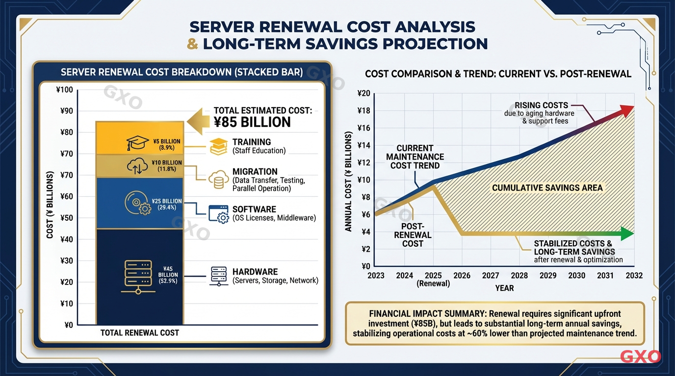 Professional infographic showing server renewal cost breakdown as a stacked bar chart. Four segments: Hardware (servers, storage, network), Software (OS licenses, middleware), Migration (data transfer, testing, parallel operation), and Training (staff education). Next to it, a comparison chart showing 'Current Maintenance Cost Trend' rising over years versus 'Post-Renewal Cost' dropping then stabilizing. Clean financial report style with navy and gold color scheme. Yen currency symbols.