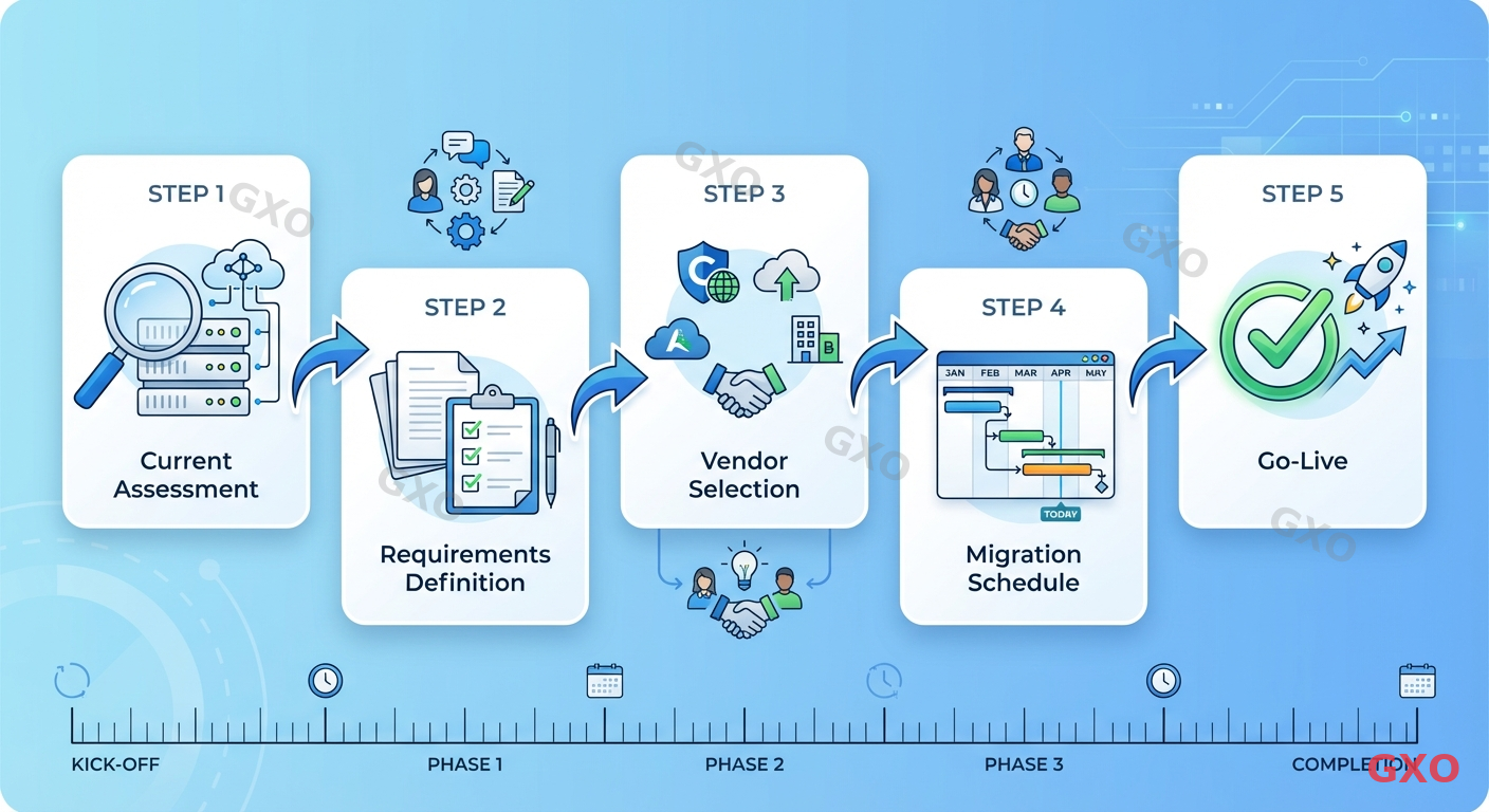 Clean modern illustration showing a 5-step project planning flow from left to right. Step 1: 'Current Assessment' with magnifying glass on server, Step 2: 'Requirements Definition' with document and checklist, Step 3: 'Vendor Selection' with multiple company icons, Step 4: 'Migration Schedule' with Gantt chart, Step 5: 'Go-Live' with green checkmark. Each step is connected by arrows with small team collaboration icons above. Soft blue gradient background with white card elements for each step. Timeline ruler along the bottom.