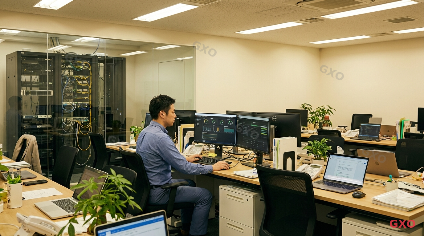 Photo-realistic image of a small Japanese office environment (about 20 desks visible). An IT administrator (male, late 30s, wearing business casual) sitting at his desk managing a server rack visible through a glass-walled server room in the background. Single server with 2 monitors showing system status. Warm office lighting, plants on desks, practical and efficient workspace feel.