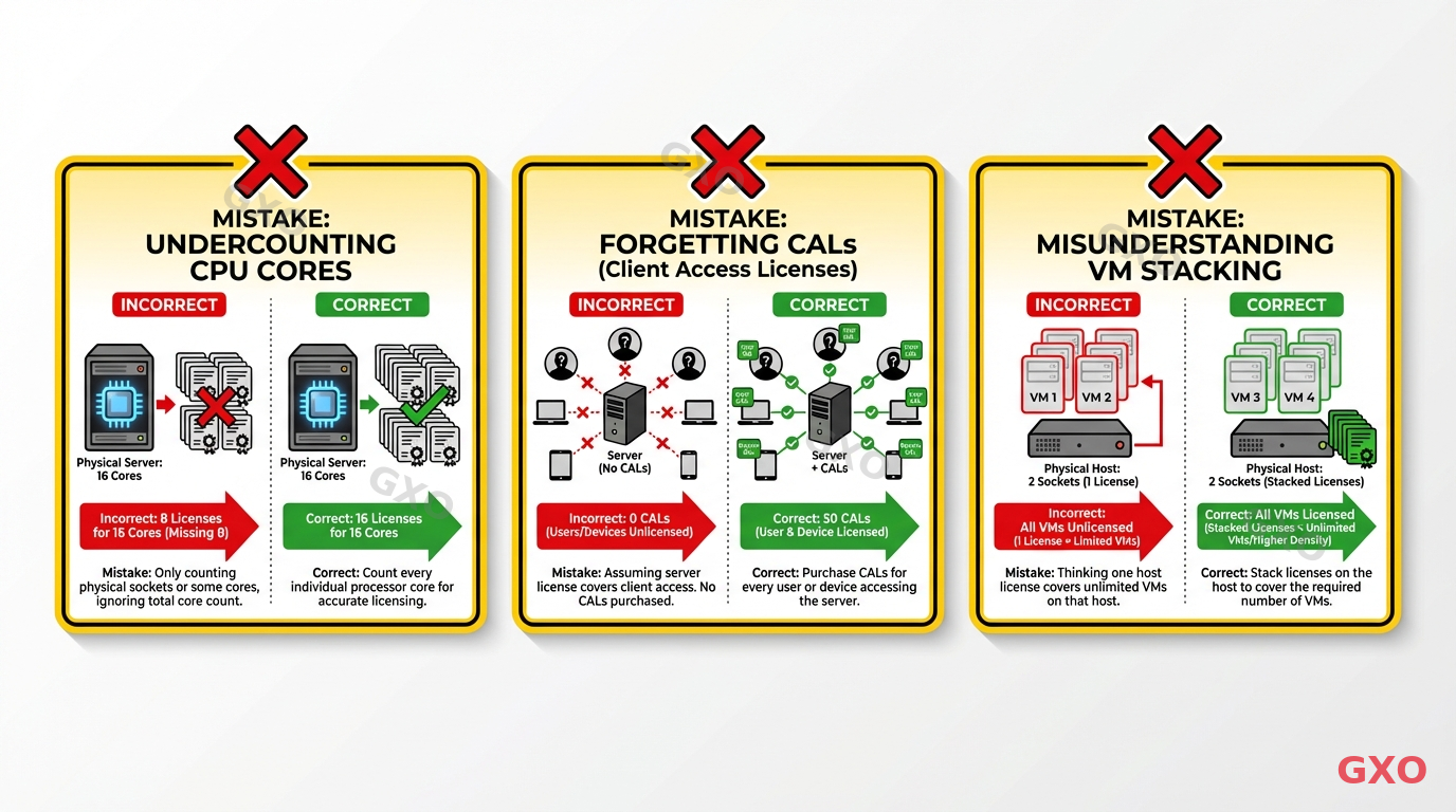 Illustration showing common licensing mistakes as warning signs. Three panels with red X marks: undercounting CPU cores, forgetting CALs, misunderstanding VM stacking rules. Each panel has a simple diagram showing the mistake and the correct approach side by side. Warning yellow and red accent colors on white background, clean educational infographic style.