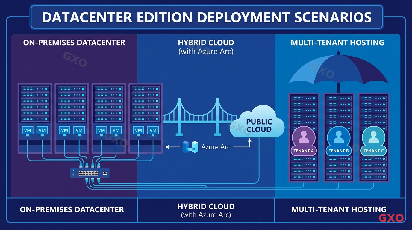 Professional illustration showing Datacenter edition deployment scenarios. Three panels: a large server room with multiple VM hosts, a hybrid cloud setup with Azure Arc connection, and a multi-tenant hosting environment. Rich blue and purple tones suggesting enterprise scale. Flat design with detailed server rack illustrations, network connections, and cloud icons.