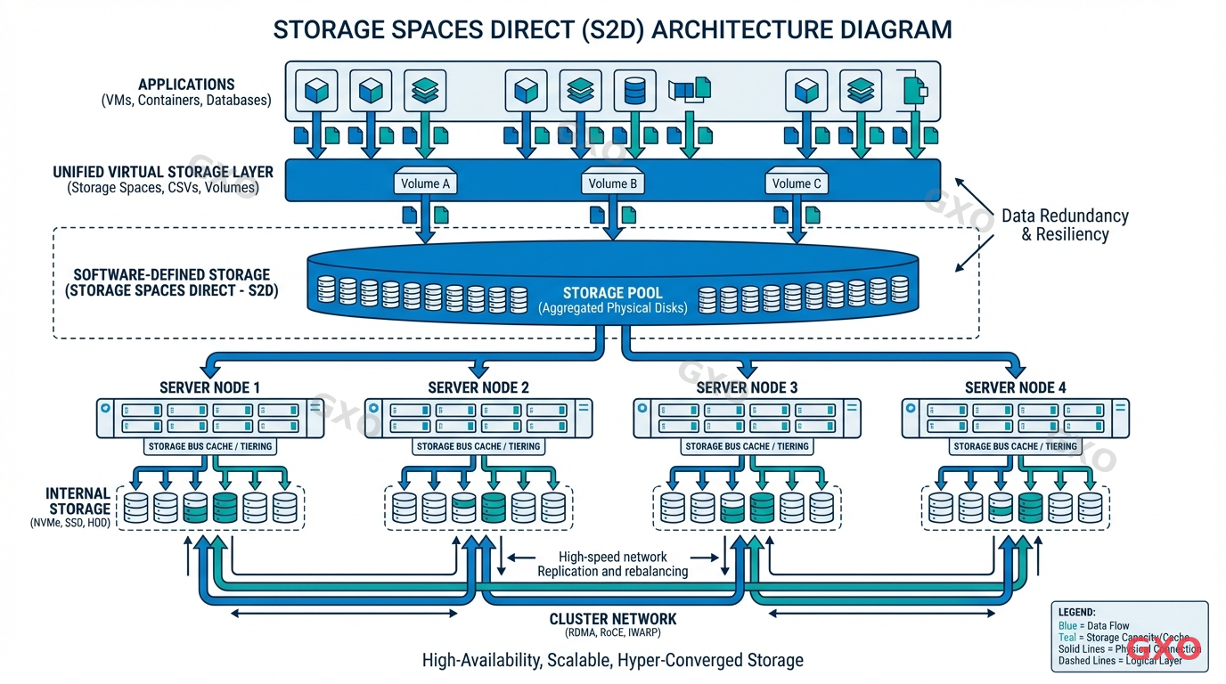 Technical diagram illustrating Storage Spaces Direct (S2D) architecture. Multiple server nodes connected with internal storage pooled together, forming a unified virtual storage layer. Shows data flow from applications through the software-defined storage layer to individual server disks. Clean line art style with blue and teal colors, labeled components, white background. Enterprise IT documentation quality.
