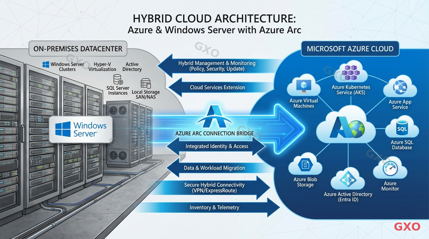 Illustration showing hybrid cloud architecture with Azure and on-premises Windows Server Datacenter. Left side shows on-premises server racks, right side shows Azure cloud with Arc connection bridge. Data flow arrows between both environments. Azure blue branding on cloud side, neutral gray for on-premises. Professional enterprise architecture diagram style, clean and modern.