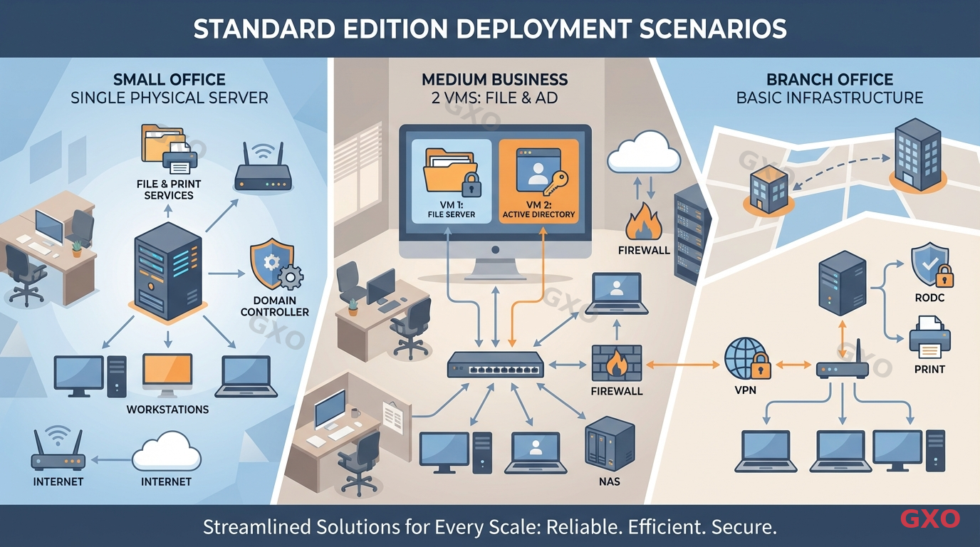 Clean modern illustration showing typical Standard edition deployment scenarios. Three panels: a small office with a single physical server, a medium business with 2 VMs for file and AD services, and a branch office with basic infrastructure. Flat design style, warm blue and gray tones, icons representing server roles. Professional and approachable visual style.