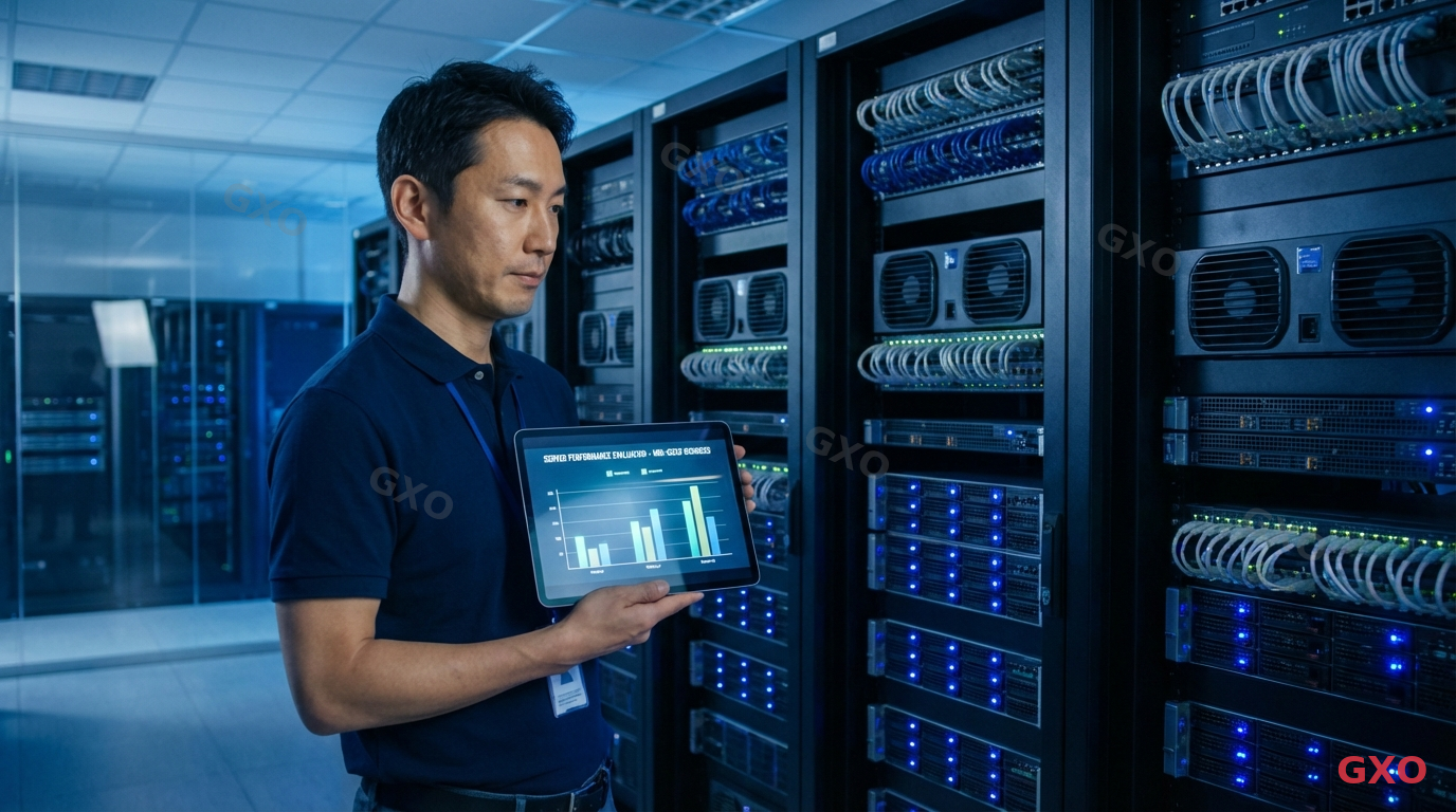 Photo-realistic image of a Japanese IT manager (male, early 40s, wearing a navy polo shirt) standing in a modern server room with rows of rack-mounted servers with blue LED lights. He is holding a tablet displaying a comparison chart. The background shows organized network cables and cooling systems. Cool blue ambient lighting, professional and clean atmosphere. Highlighting the process of evaluating server infrastructure for a mid-sized business.