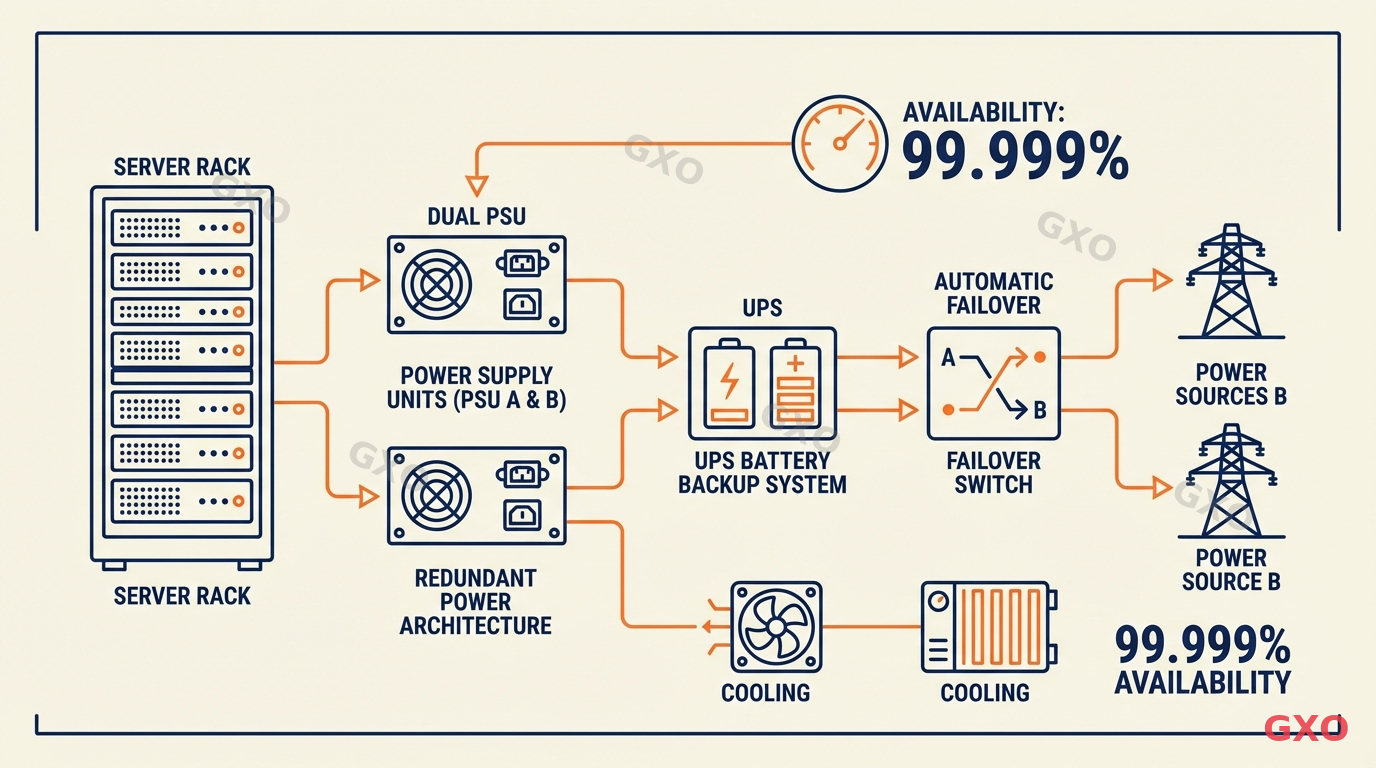 電源冗長化と可用性設計 Clean modern illustration of server power redundancy architecture. Shows dual power supply units connected to separate power sources, UPS battery backup system, and automatic failover mechanism with arrows indicating power flow. Includes cooling system icon and availability percentage indicator. Professional blueprint style with navy and orange accents on light background.