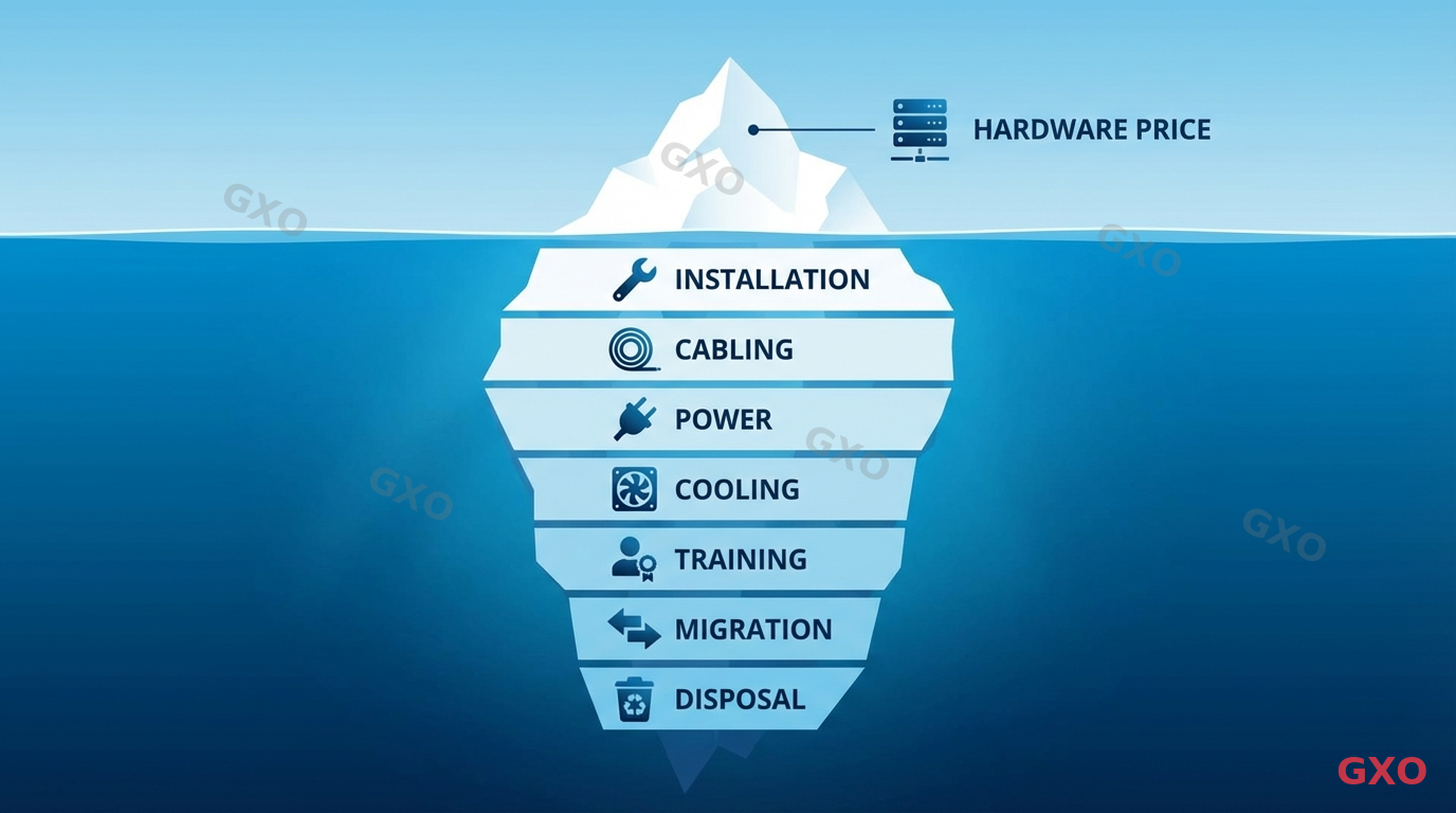 見落としやすい費用と対策 Clean modern illustration highlighting hidden costs in server procurement. Visual metaphor of an iceberg with visible costs above water (hardware price) and hidden costs below (installation, cabling, power, cooling, training, migration, disposal). Each hidden cost labeled with icon. Blue ocean and white iceberg color scheme, professional business illustration style.