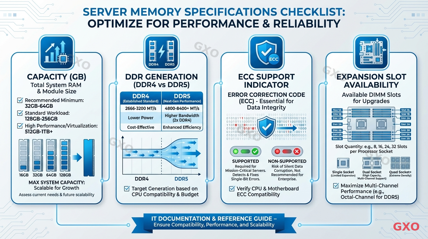 メモリ容量と規格の確認ポイント Professional infographic displaying server memory specifications checklist. Four sections showing: capacity (GB), DDR generation (DDR4 vs DDR5), ECC support indicator, and expansion slot availability. Clean corporate design with icons for each category, light gray background with blue accent elements. Data visualization style suitable for IT documentation.