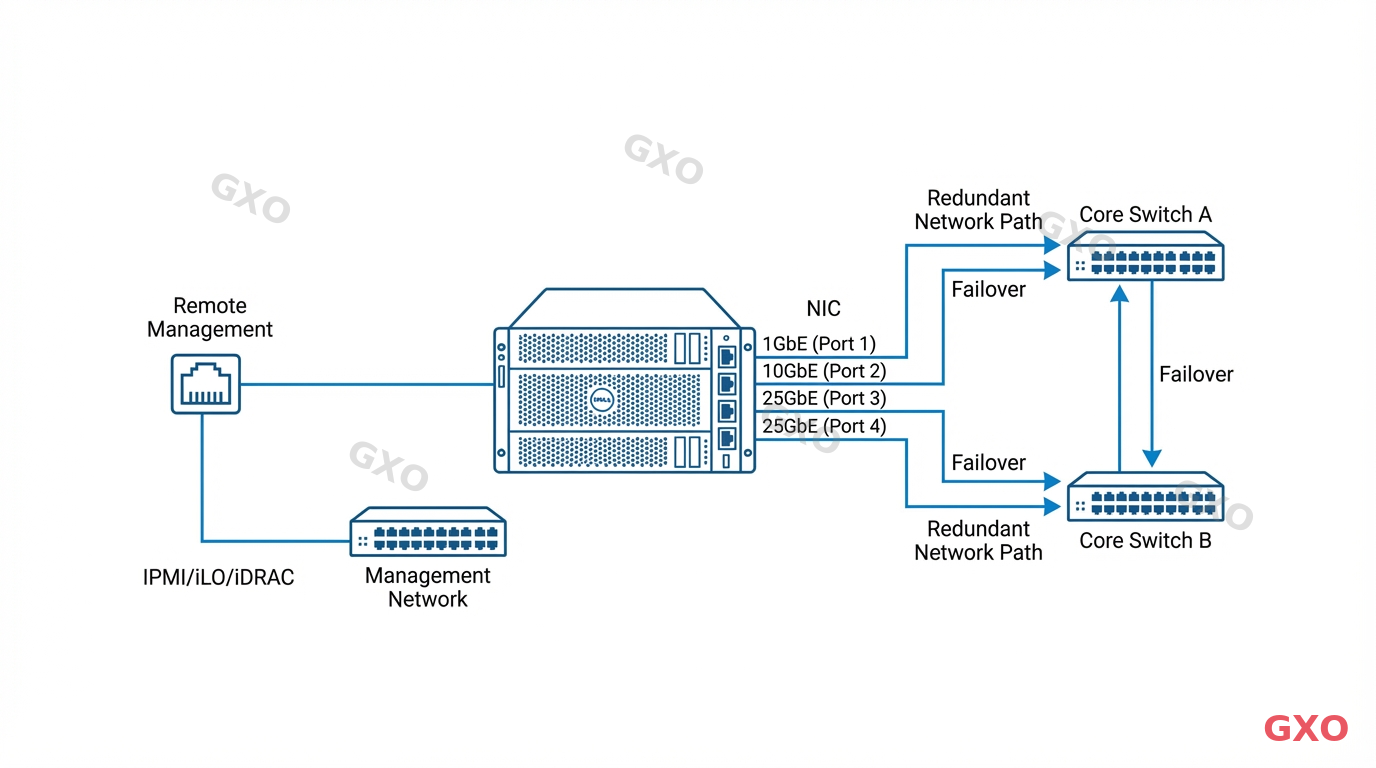 ネットワーク機能の確認項目 Technical diagram showing server network interface configuration. Displays NIC ports (1GbE, 10GbE, 25GbE) with speed labels, redundant network path illustration with failover arrows, and remote management interface (IPMI/iLO/iDRAC) connection. Clean line-art style with blue network lines on white background, professional IT infrastructure documentation style.
